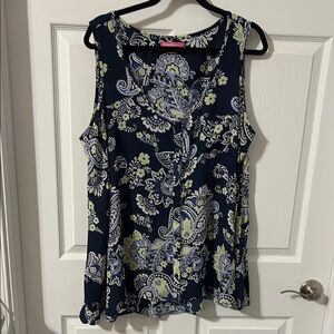 Floral Sleeveless Top - Navy and White